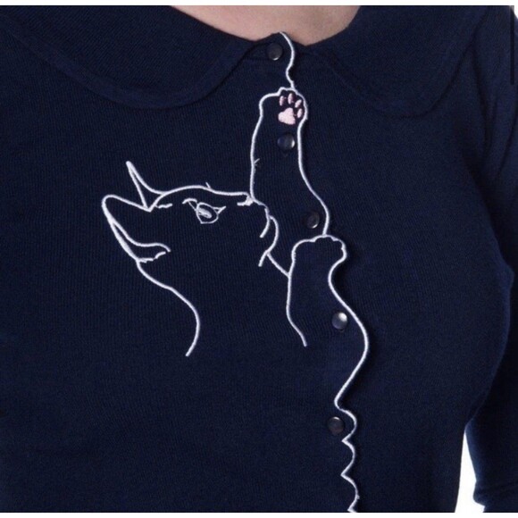 Cat Embroidered Cardigan by Banned Retro in Navy - Picture 3 of 5